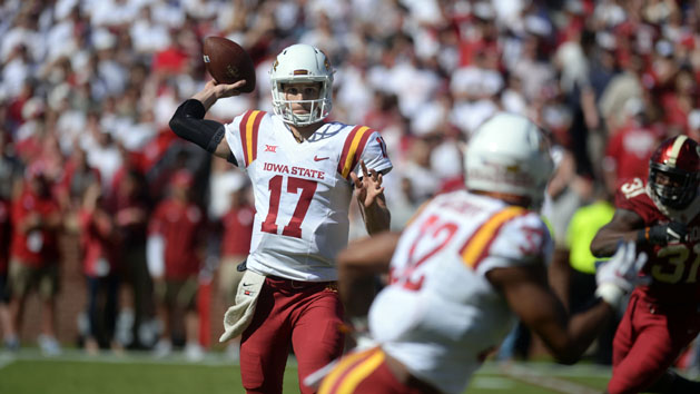 Oct 7, 2017; Norman, OK, USA; Iowa State Cyclones quarterback Kyle Kempt (17) passes the ball in action against the Oklahoma Sooners during the second quarter at Gaylord Family - Oklahoma Memorial Stadium. Photo Credit: Mark D. Smith-USA TODAY Sports