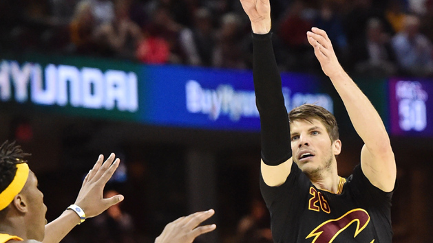 Feb 15, 2017; Cleveland, OH, USA; Cleveland Cavaliers guard Kyle Korver (26) shoots over Indiana Pacers center Myles Turner (33) during the second half at Quicken Loans Arena. The Cavs won 113-104. Photo Credit: Ken Blaze-USA TODAY Sports