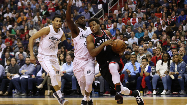 Apr 22, 2018; Washington, DC, USA; Toronto Raptors guard Kyle Lowry (7) drives to the basket as Washington Wizards guard Ty Lawson (4) defends in the third quarter in game four of the first round of the 2018 NBA Playoffs at Capital One Arena. The Wizards won 106-98. Photo Credit: Geoff Burke-USA TODAY Sports