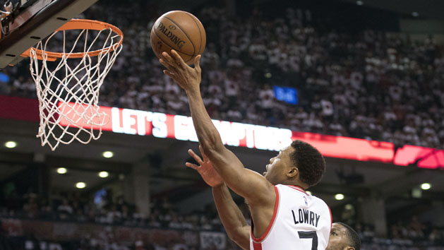 May 15, 2016; Toronto, Ontario, CAN; Toronto Raptors guard Kyle Lowry (7) attempts a shot during the third quarter in game seven of the second round of the NBA Playoffs against the Miami Heat at Air Canada Centre. The Toronto Raptors won 116-89. Mandatory Credit: Nick Turchiaro-USA TODAY Sports