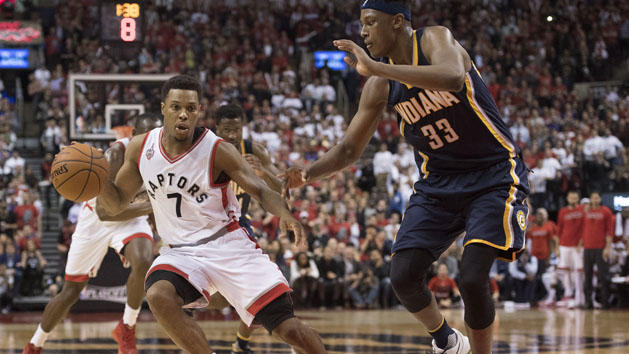 Apr 26, 2016; Toronto, Ontario, CAN; Toronto Raptors guard Kyle Lowry (7) drives against Indiana Pacers forward Myles Turner (33) during the fourth quarter in game five of the first round of the 2016 NBA Playoffs at Air Canada Centre. The Toronto Raptors won 102-99. Mandatory Credit: Nick Turchiaro-USA TODAY Sports