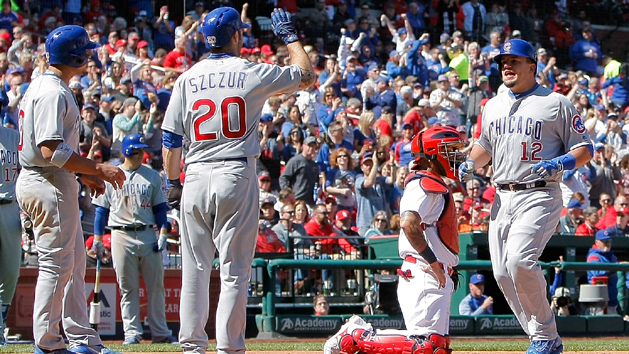Apr 6, 2017; St. Louis, MO, USA; Chicago Cubs catcher Kyle Schwarber (12) is congratulated by left fielder Jon Jay (30) and left fielder Matt Szczur (20) after hitting a three run home run against the St. Louis Cardinals in the seventh inning at Busch Stadium. Photo Credit: Scott Kane-USA TODAY Sports
