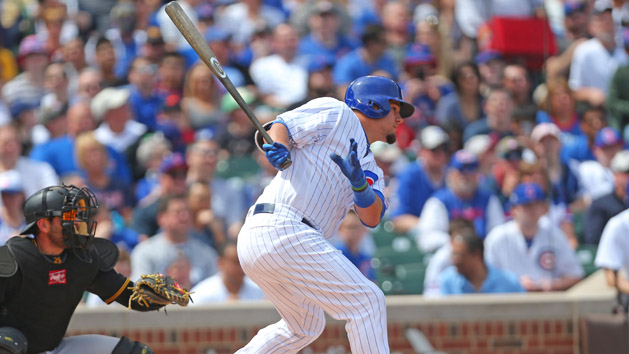 Apr 16, 2017; Chicago, IL, USA; Chicago Cubs left fielder Kyle Schwarber (12) hits a single during the first inning against the Pittsburgh Pirates at Wrigley Field. Photo Credit: Dennis Wierzbicki-USA TODAY Sports