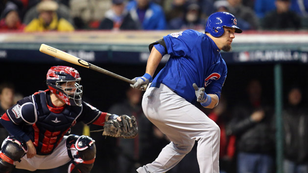 Oct 26, 2016; Cleveland, OH, USA; Chicago Cubs player Kyle Schwarber hits a RBI single against the Cleveland Indians in the 5th inning in game two of the 2016 World Series at Progressive Field. Photo Credit: Charles LeClaire-USA TODAY Sports
