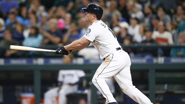 Aug 9, 2016; Seattle, WA, USA; Seattle Mariners third baseman Kyle Seager (15) hits an three-run homer against the Detroit Tigers during the eighth inning at Safeco Field. Photo Credit: Joe Nicholson-USA TODAY Sports
