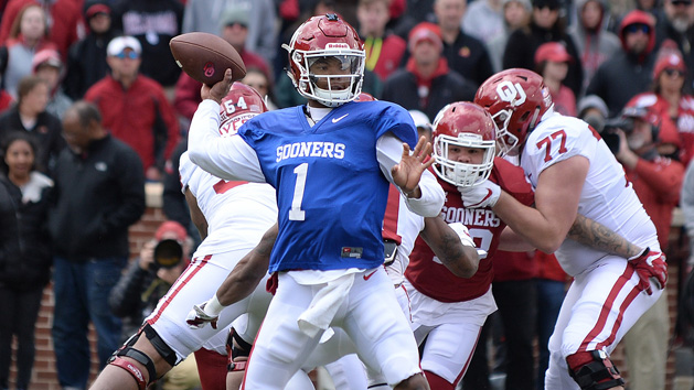 Apr 14, 2018; Stillwater, OK, USA; Oklahoma Sooners quarterback Kyler Murray (1) passes the ball during the spring game at Gaylord Family Memorial Stadium. Photo Credit: Mark D. Smith-USA TODAY Sports
