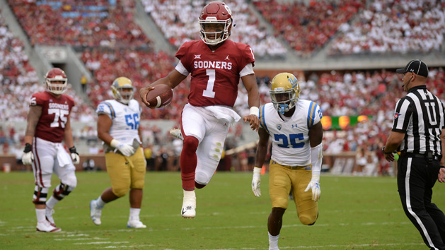 Sep 8, 2018; Norman, OK, USA; Oklahoma Sooners quarterback Kyler Murray (1) runs for a touchdown against the UCLA Bruins during the second quarter at Gaylord Family - Oklahoma Memorial Stadium. Mandatory Credit: Mark D. Smith-USA TODAY Sports