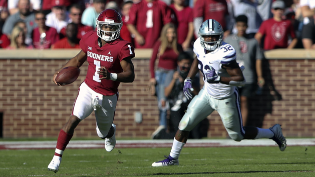 Oct 27, 2018; Norman, OK, USA; Oklahoma Sooners quarterback Kyler Murray (1) run past Kansas State Wildcats linebacker Justin Hughes (32) during the second quarter at Gaylord Family - Oklahoma Memorial Stadium. Photo Credit: Kevin Jairaj-USA TODAY Sports