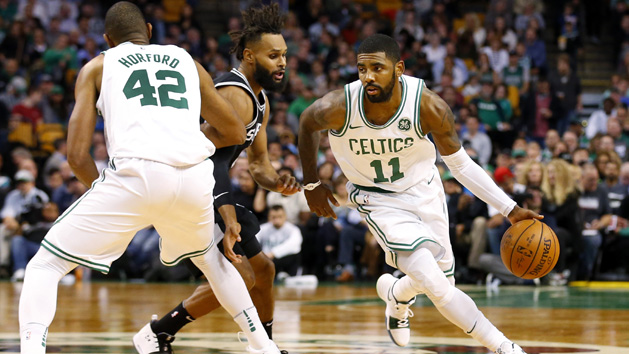 Oct 30, 2017; Boston, MA, USA; Boston Celtics guard Kyrie Irving (11) drives past San Antonio Spurs guard Patty Mills (8) who gets picked by center Al Horford (42) during the first half at TD Garden. Photo Credit: Winslow Townson-USA TODAY Sports
