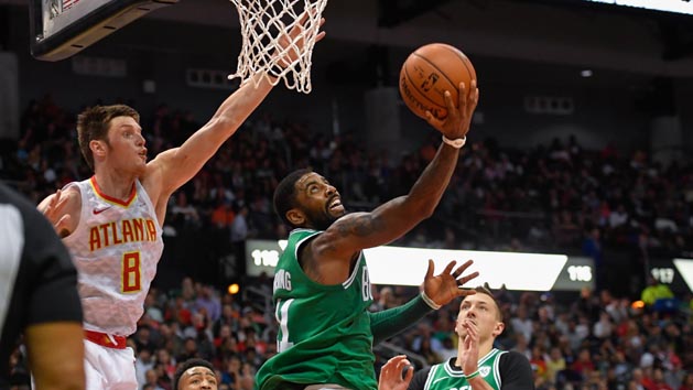 Nov 6, 2017; Atlanta, GA, USA; Boston Celtics guard Kyrie Irving (11) shoots past Atlanta Hawks forward Luke Babbitt (8) during the second half at Philips Arena. Photo Credit: Dale Zanine-USA TODAY Sports