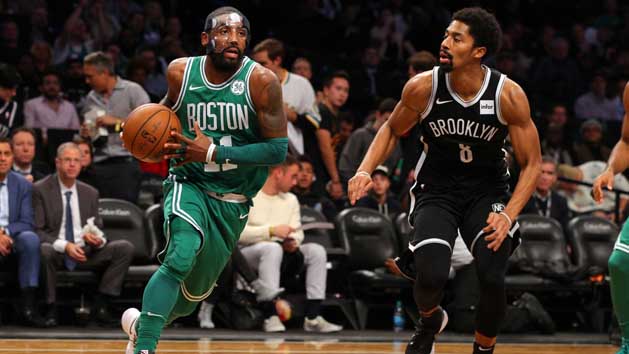 Nov 14, 2017; Brooklyn, NY, USA; Boston Celtics point guard Kyrie Irving (11) drives against Brooklyn Nets point guard Spencer Dinwiddie (8) during the third quarter at Barclays Center. Photo Credit: Brad Penner-USA TODAY Sports