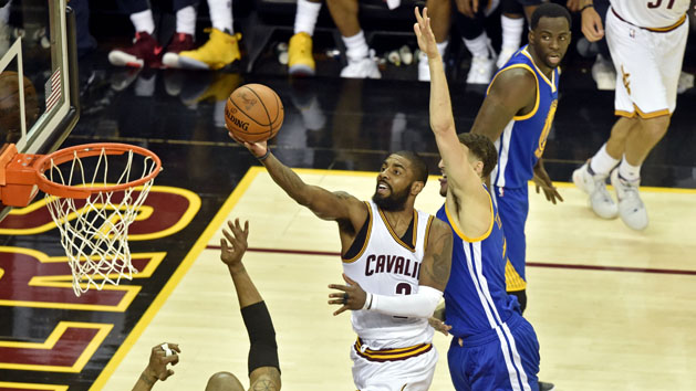 Jun 9, 2017; Cleveland, OH, USA; Cleveland Cavaliers guard Kyrie Irving (2) shoots the ball against Golden State Warriors forward David West (3) during the second quarter in game four of the Finals for the 2017 NBA Playoffs at Quicken Loans Arena. Photo Credit: David Richard-USA TODAY Sports