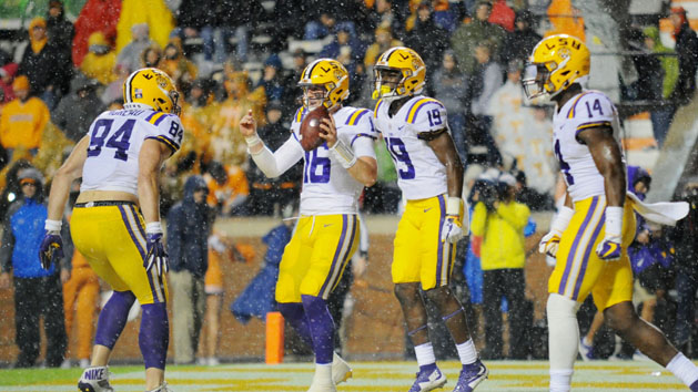 Nov 18, 2017; Knoxville, TN, USA; LSU Tigers quarterback Danny Etling (16) celebrates after scoring a touchdown in the second quarter against the Tennessee Volunteers at Neyland Stadium. Photo Credit: Randy Sartin-USA TODAY Sports