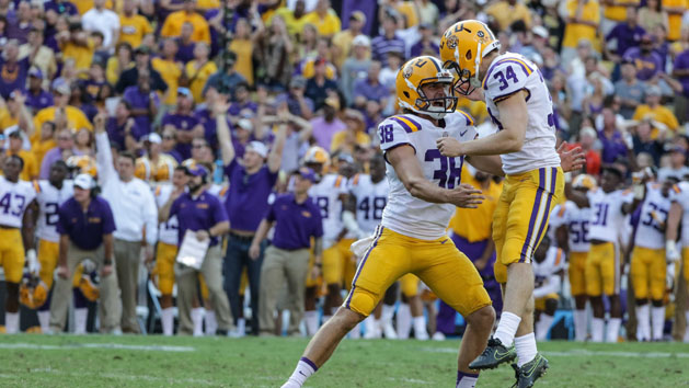 Oct 14, 2017; Baton Rouge, LA, USA; LSU Tigers place kicker Connor Culp (34) celebrates with holder Josh Growden (38) after a field goal to take the lead during the fourth quarter of a game against the Auburn Tigers at Tiger Stadium. LSU defeated Auburn 27-23. Photo Credit: Derick E. Hingle-USA TODAY Sports