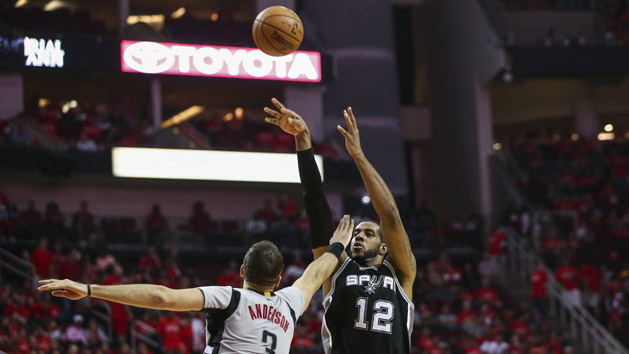 May 11, 2017; Houston, TX, USA; San Antonio Spurs forward LaMarcus Aldridge (12) shoots the ball over Houston Rockets forward Ryan Anderson (3) during the third quarter in game six of the second round of the 2017 NBA Playoffs at Toyota Center. Photo Credit: Troy Taormina-USA TODAY Sports
