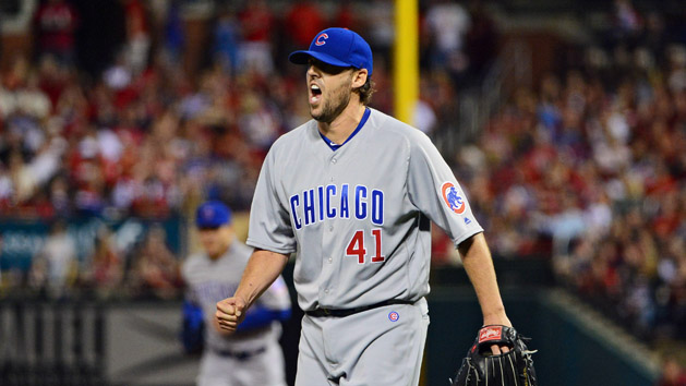 Apr 18, 2016; St. Louis, MO, USA; Chicago Cubs starting pitcher John Lackey (41) reacts after striking out St. Louis Cardinals third baseman Matt Carpenter (not pictured) to end the fifth inning at Busch Stadium. Mandatory Credit: Jeff Curry-USA TODAY Sports