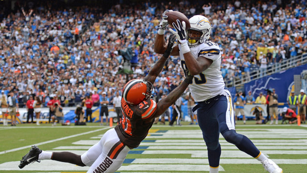 Ladarius Green (89) catches a touchdown pass while defended by Cleveland Browns strong safety Donte Whitner (31) during the third quarter last year at Qualcomm Stadium. Photo Credit: Jake Roth-USA TODAY Sports