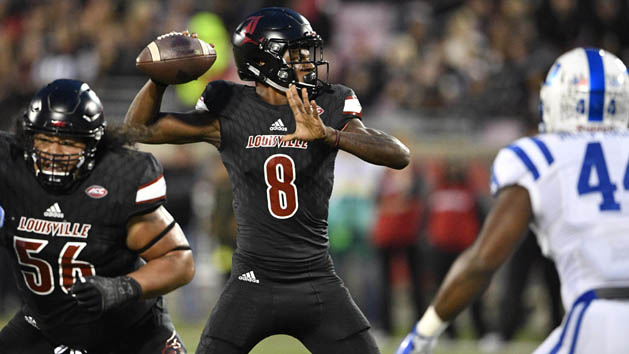Oct 14, 2016; Louisville, KY, USA; Louisville Cardinals quarterback Lamar Jackson (8) looks to pass against the Duke Blue Devils during the first quarter at Papa John's Cardinal Stadium. Photo Credit: Jamie Rhodes-USA TODAY Sports