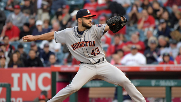 May 6, 2017; Anaheim, CA, USA; Houston Astros pitcher Lance McCullers (43) delivers a pitch against the Los Angeles Angels during a MLB baseball game at Angel Stadium of Anaheim. Photo Credit: Kirby Lee-USA TODAY Sports