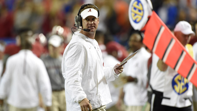 Dec 5, 2015; Atlanta, GA, USA; Alabama Crimson Tide offensive coordinator Lane Kiffin during the first quarter of the 2015 SEC Championship Game against the Florida Gators at the Georgia Dome. Mandatory Credit: John David Mercer-USA TODAY Sports