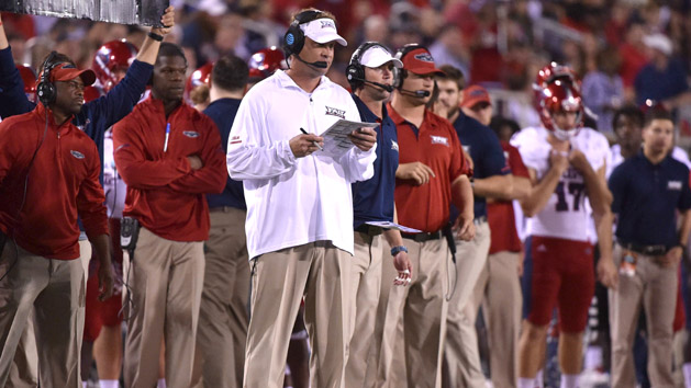 Dec 19, 2017; Boca Raton, FL, USA; Florida Atlantic Owls head coach Lane Kiffin watches on the sidelines in the 2017 Boca Raton Bowlagainst the Akron Zips at FAU Stadium. Photo Credit: Steve Mitchell-USA TODAY Sports