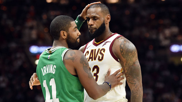 Oct 17, 2017; Cleveland, OH, USA; Cleveland Cavaliers forward LeBron James (23) and Boston Celtics guard Kyrie Irving (11) meet after the Cavs beat the Celtics 102-99 at Quicken Loans Arena. Photo Credit: Ken Blaze-USA TODAY Sports