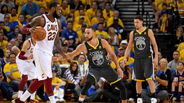 June 3, 2018; Oakland, CA, USA; Cleveland Cavaliers forward LeBron James (23) handles the ball against Golden State Warriors guard Stephen Curry (30) during the fourth quarter in game two of the 2018 NBA Finals at Oracle Arena. Photo Credit: Kyle Terada-USA TODAY Sports