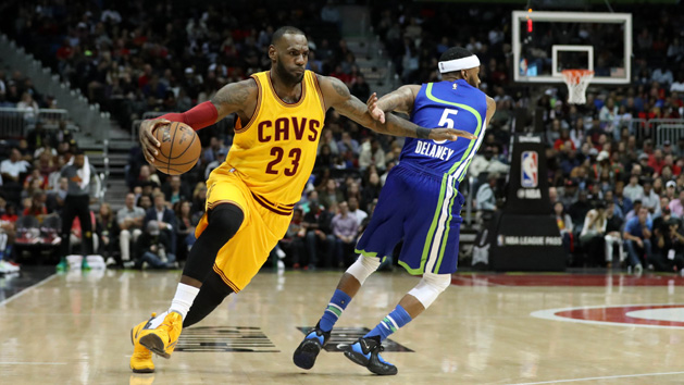 Feb 4, 2017; New York, NY, USA; Cleveland Cavaliers forward LeBron James (23) drives to the basket past New York Knicks forward Carmelo Anthony (7) during the first quarter at Madison Square Garden. Photo Credit: Adam Hunger-USA TODAY Sports