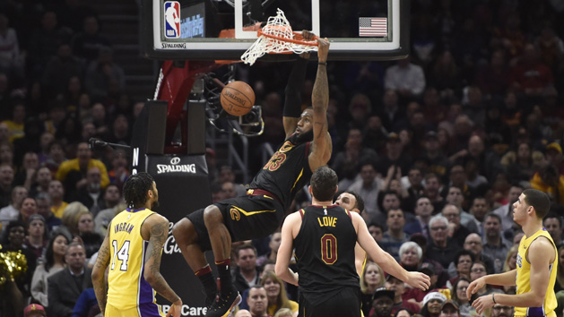 Dec 14, 2017; Cleveland, OH, USA; Cleveland Cavaliers forward LeBron James (23) dunks in the first quarter against the Los Angeles Lakers at Quicken Loans Arena. Photo Credit: David Richard-USA TODAY Sports