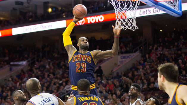 Jan 10, 2016; Philadelphia, PA, USA; Cleveland Cavaliers forward LeBron James (23) dunks against the Philadelphia 76ers during the first quarter at Wells Fargo Center. The Cleveland Cavaliers won 95-85. Mandatory Credit: Bill Streicher-USA TODAY Sports