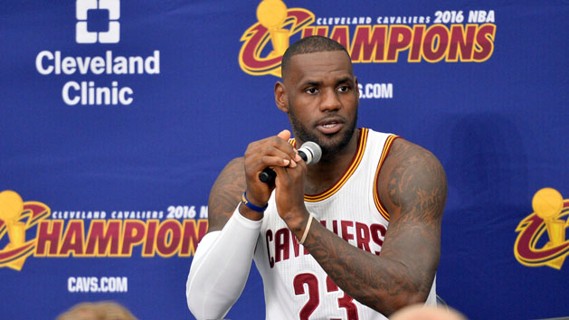 May 25, 2016; Cleveland, OH, USA; Cleveland Cavaliers forward LeBron James (23) dunks during the third quarter against the Toronto Raptors half in game five of the Eastern conference finals of the NBA Playoffs at Quicken Loans Arena. The Cavs won 116-78. Mandatory Credit: Ken Blaze-USA TODAY Sports