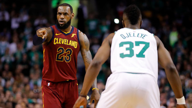 May 13, 2018; Boston, MA, USA; Cleveland Cavaliers forward LeBron James (23) directs a play in front of Boston Celtics forward Semi Ojeleye (37) during the second quarter in game one of the Eastern conference finals of the 2018 NBA Playoffs at TD Garden. Photo Credit: David Butler II-USA TODAY Sports