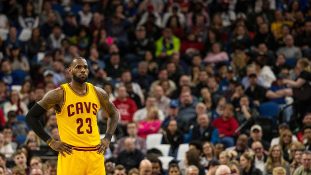 Feb 14, 2017; Minneapolis, MN, USA; Cleveland Cavaliers forward LeBron James (23) looks on during the second quarter against the Minnesota Timberwolves at Target Center. The Cavaliers defeated the Timberwolves 116-108. Mandatory Credit: Brace Hemmelgarn-USA TODAY Sports