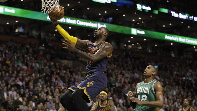 Apr 5, 2017; Boston, MA, USA; Cleveland Cavaliers forward LeBron James (23) drives to the basket against Boston Celtics center Al Horford (42) in the first quarter at TD Garden. Photo Credit: David Butler II-USA TODAY Sports
