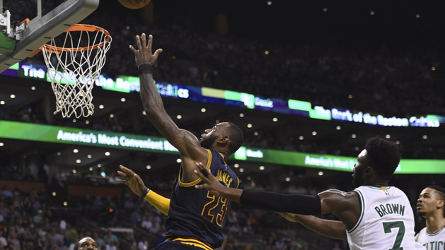 May 17, 2017; Boston, MA, USA; Cleveland Cavaliers forward LeBron James (23) lays the ball in the basket past Boston Celtics forward Jaylen Brown (7) during the second half in game one of the Eastern conference finals of the NBA Playoffs at TD Garden. Photo Credit: Bob DeChiara-USA TODAY Sports