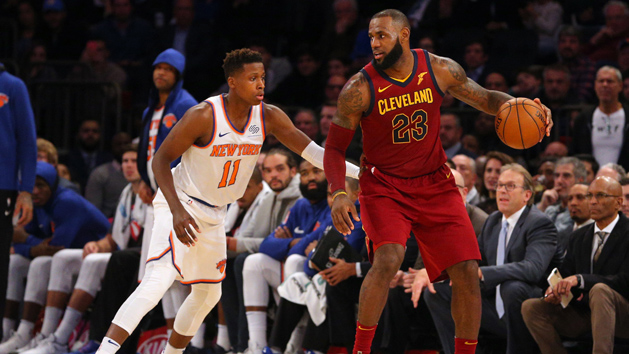 Nov 13, 2017; New York, NY, USA; Cleveland Cavaliers small forward LeBron James (23) controls the ball against New York Knicks point guard Frank Ntilikina (11) during the fourth quarter at Madison Square Garden. Photo Credit: Brad Penner-USA TODAY Sports