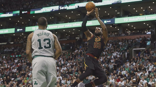 Feb 11, 2018; Boston, MA, USA; Cleveland Cavaliers forward LeBron James (23) shoots over Boston Celtics forward Marcus Morris (13) during the second quarter at TD Garden. Photo Credit: Winslow Townson-USA TODAY Sports