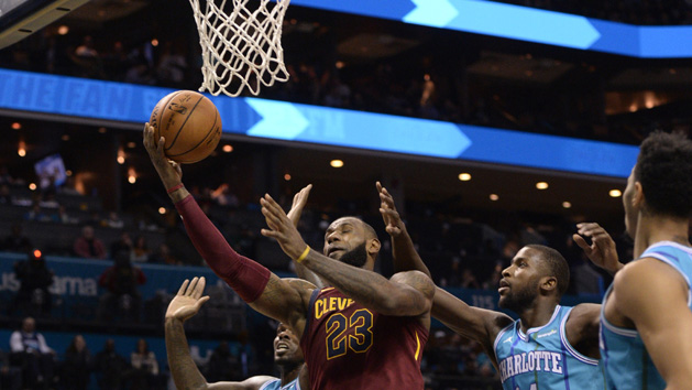 Nov 15, 2017; Charlotte, NC, USA; Cleveland Cavaliers forward LeBron James (23) drives to the basket and scores against Charlotte Hornets forward Michael Kidd-Gilchrist (14) during the first half of the game at the Spectrum Center. Photo Credit: Sam Sharpe-USA TODAY Sports