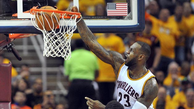 May 17, 2016; Cleveland, OH, USA; Cleveland Cavaliers forward LeBron James (23) slam dunks during the third quarter against the Toronto Raptors in game one of the Eastern conference finals of the NBA Playoffs at Quicken Loans Arena. The Cavs won 115-84. Mandatory Credit: Ken Blaze-USA TODAY Sports