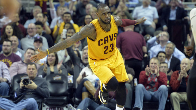 Mar 31, 2016; Cleveland, OH, USA; Cleveland Cavaliers forward LeBron James (23) reacts after a dunk in the second quarter against the Brooklyn Nets at Quicken Loans Arena. Mandatory Credit: David Richard-USA TODAY Sports