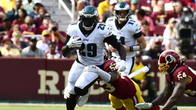 Sep 10, 2017; Landover, MD, USA; Philadelphia Eagles running back LeGarrette Blount (29) runs through Washington Redskins linebacker Zach Brown (53) arm tackle at FedEx Field. Philadelphia Eagles defeated Washington Redskins 30-17. Photo Credit: Tommy Gilligan-USA TODAY Sports