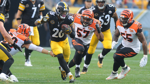 Oct 15, 2017; Kansas City, MO, USA; Pittsburgh Steelers running back Le'Veon Bell (26) runs the ball as Kansas City Chiefs inside linebacker Derrick Johnson (56) defends during the first half at Arrowhead Stadium. Photo Credit: Denny Medley-USA TODAY Sports