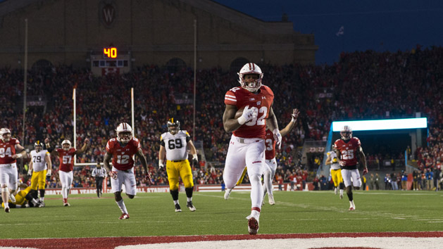Nov 11, 2017; Madison, WI, USA; Wisconsin Badgers linebacker Leon Jacobs (32) returns a fumble for a touchdown during the third quarter against the Iowa Hawkeyes at Camp Randall Stadium. Photo Credit: Jeff Hanisch-USA TODAY Sports