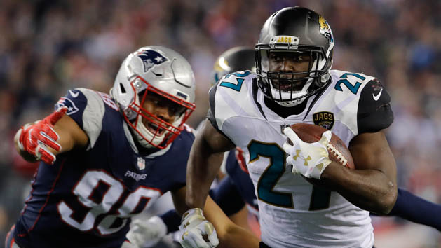 Jan 21, 2018; Foxborough, MA, USA; Jacksonville Jaguars running back Leonard Fournette (27) runs the ball against the New England Patriots in the AFC Championship Game at Gillette Stadium. Photo Credit: David Butler II-USA TODAY Sports