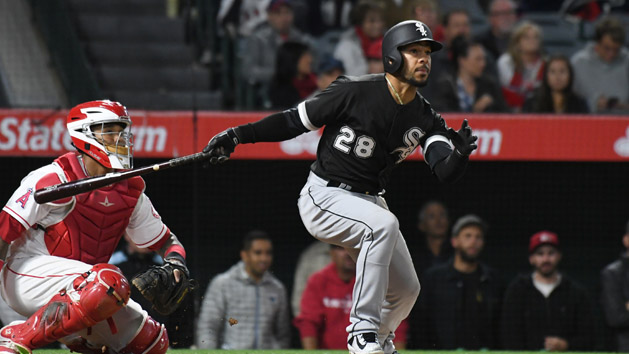May 16, 2017; Anaheim, CA, USA; Chicago White Sox center fielder Leury Garcia (28) hits a double against the Los Angeles Angels in the eighth inning at Angel Stadium of Anaheim. Photo Credit: Richard Mackson-USA TODAY Sports