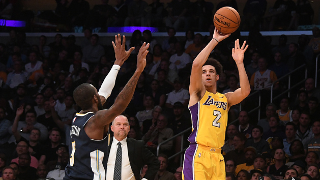 Oct 2, 2017; Los Angeles, CA, USA; Los Angeles Lakers guard Lonzo Ball (2) shoots the ball in front of Denver Nuggets guard Will Barton (5) during the second half at Staples Center. Photo Credit: Richard Mackson-USA TODAY Sports