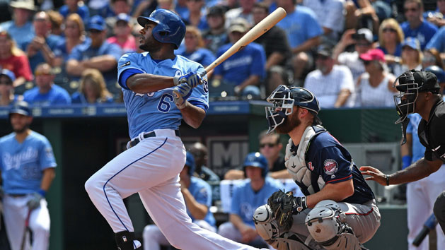 Sep 10, 2017; Kansas City, MO, USA; Kansas City Royals center fielder Lorenzo Cain (6) at bat during a game against the Minnesota Twins at Kauffman Stadium. Photo Credit: Peter G. Aiken-USA TODAY Sports