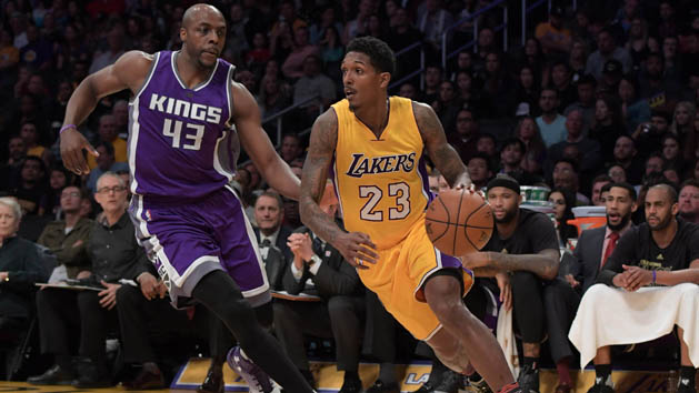 Feb 14, 2017; Los Angeles, CA, USA; Los Angeles Lakers guard Lou Williams (23) moves to the basket against Sacramento Kings forward Anthony Tolliver (43) during the first half at Staples Center. Photo Credit: Kirby Lee-USA TODAY Sports