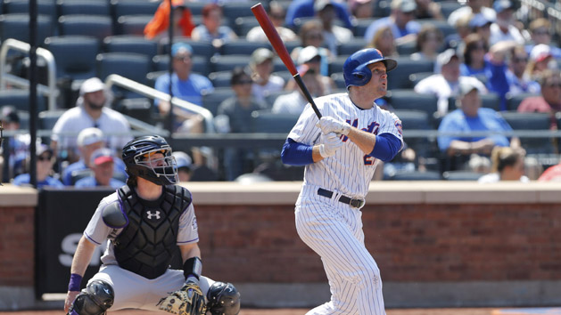 Jul 16, 2017; New York City, NY, USA; New York Mets first baseman Lucas Duda (21) follows through on a home run in the fourth inning against the Colorado Rockies at Citi Field. Photo Credit: Noah K. Murray-USA TODAY Sports