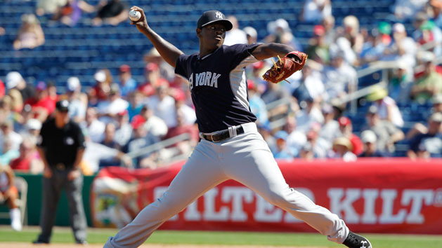 Sep 4, 2015; Bronx, NY, USA; New York Yankees starting pitcher Luis Severino (40) pitches during the first inning against the Tampa Bay Rays at Yankee Stadium. Mandatory Credit: Anthony Gruppuso-USA TODAY Sports